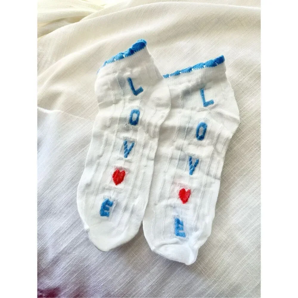 Red, white, and blue LOVE heart socks